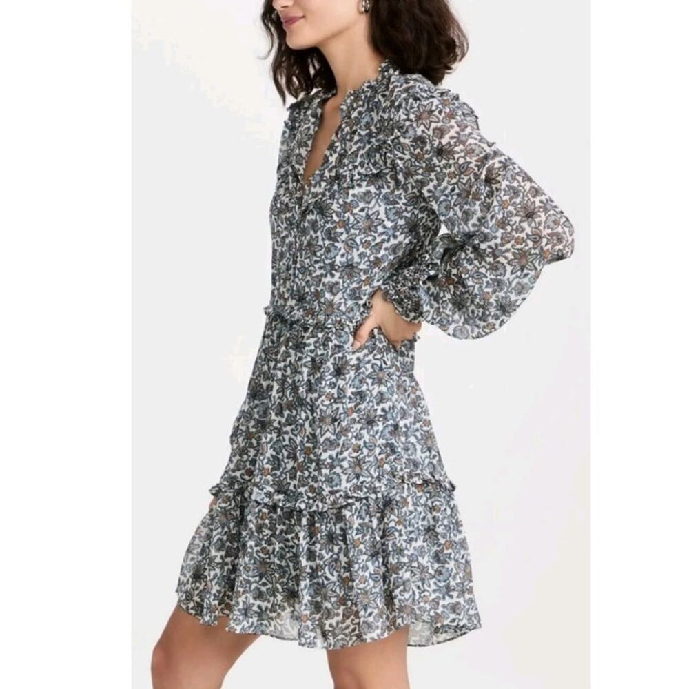 Veronica Beard Saville Boho-Floral Dress Ecru Blue Long Sleeve Silk Ruffle 8 New